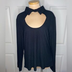 VENUS Black Ribbed Keyhole Blouse, Long Sleeve Top, Winter 1X